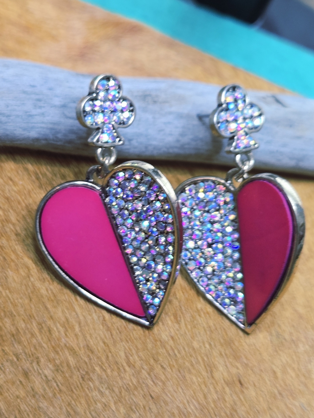 Betsey Johnson Casino Royale Pave Heart Drop Earrings 1.75" L 2.5" W